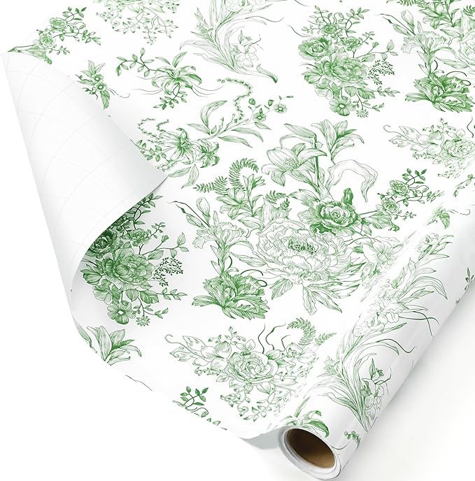 WERNNSAI Flower Gift Wrapping Paper Roll - 1 Roll 17”x 33 ft Bouquet Wrapping Paper Green Floral Wrapping Paper for Girls Birthday Party Women Wedding Gift Wrap Supply