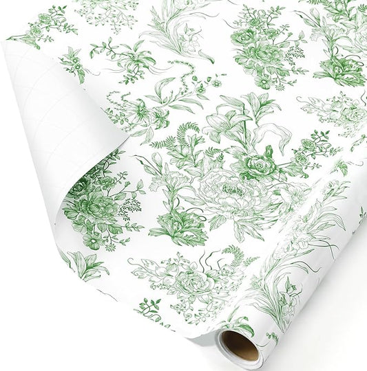 WERNNSAI Flower Gift Wrapping Paper Roll - 1 Roll 17”x 33 ft Bouquet Wrapping Paper Green Floral Wrapping Paper for Girls Birthday Party Women Wedding Gift Wrap Supply