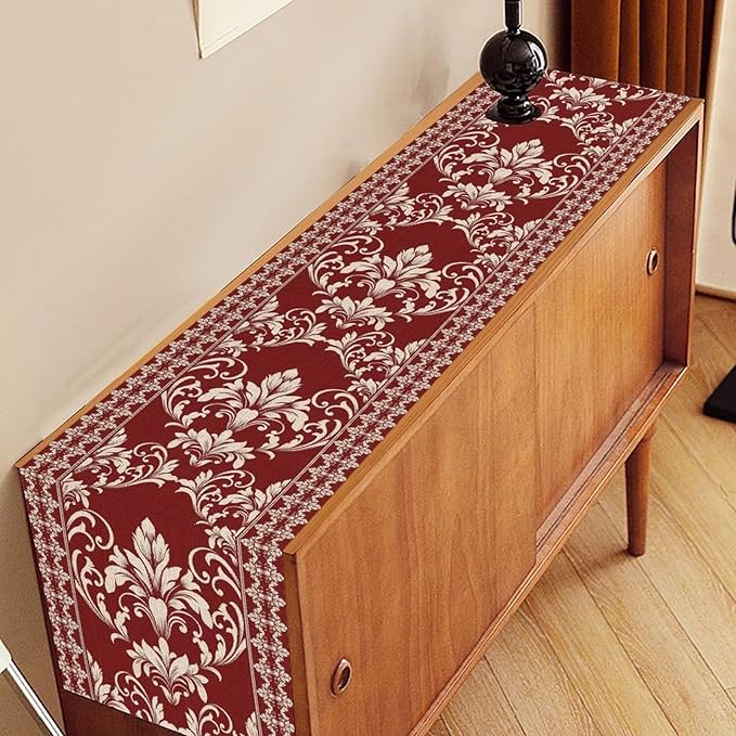 Damask Table Runner, Red Rustic Damask Antique Floral Retro Boho Art Pattern Linen Coffee Table Center Decor for Home Kitchen Dining Decorations Indoor Outdoor 13x108 inch