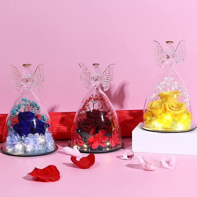 Christmas Rose Gifts for Women Preserved Real Flower in Glass Angel Figurines Roses for Delivery Prime Birthday Gifts for Mom Grandma Girlfriend Wife Her, Yellow