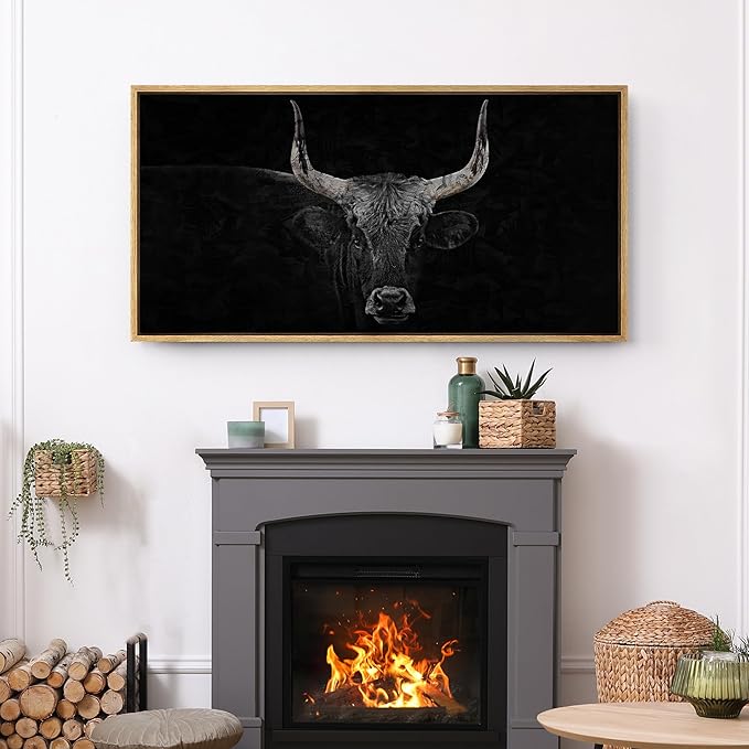 SIGNFORD Extra Large Framed Canvas Print Wall Art Monochrome Bull Illustrations Modern Art Relax/Calm Warm for Living Room, Bedroom, Office - 60"x30"