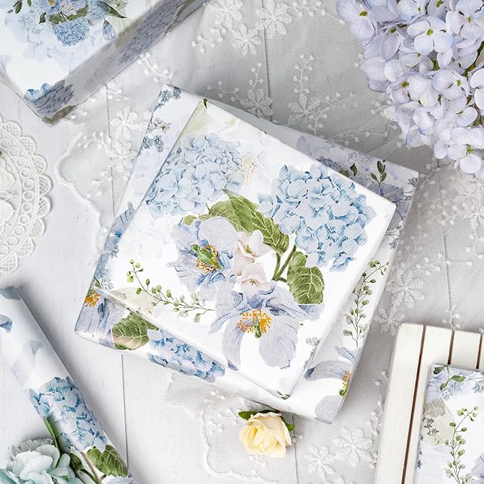 LeZakaa Floral Wrapping Paper Jumbo Roll, Blue Hydrangea Flowers Party Gift Wrap for Wedding, Bridal Shower, Baby Shower, Anniversary, Mother's Day, Birthday, 30 inches x 32.8 Feet