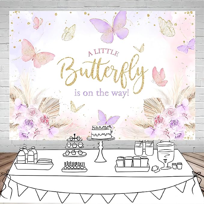 Mocsicka Butterfly Baby Shower Backdrop for Girl's A Little Butterfly is on The Way Pink Florals Flowers Photography Background Princess Girl Party Decoration Photography Props (10x7ft, Gold)