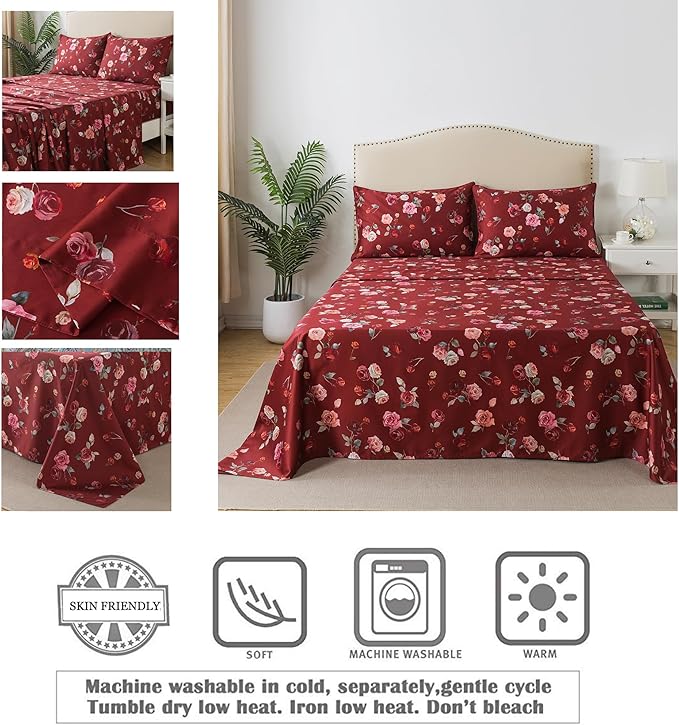 FADFAY Red Rose Sheets Set Full Vintage Rose Floral Bedding Chic Rose Flower Bed Sheets Shabby Farmhouse Bedding 100% Percale Egyptian Cotton 800 Thread Count Deep Pocket Fitted Sheet 4Pcs, Full Size