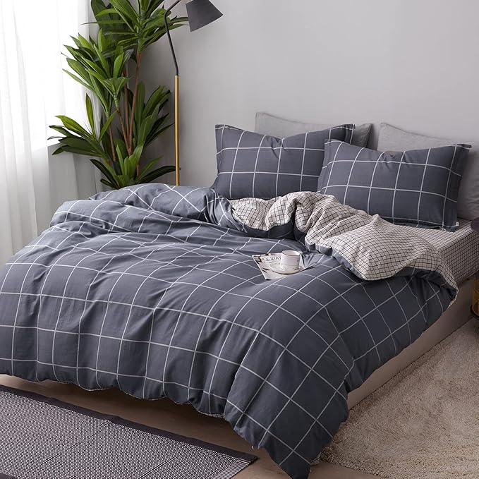 SAPHREAS Geometric Gray Plaid Duvet Cover Set Queen Size 3pcs Dark Grey Grid Cotton Bedding Comforter Cover Set 1 Duvet Cover 2 Pillow Shams