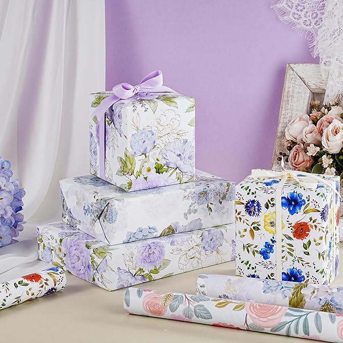 LeZakaa Floral Wrapping Paper Roll, Purple Peonies with Gold Foil Floral Outline Party Gift Wrap for Wedding, Bridal Shower, Anniversary, Mother's Day, Birthday, 17 inches x 16.4 Feet (23.2 sq.ft.)