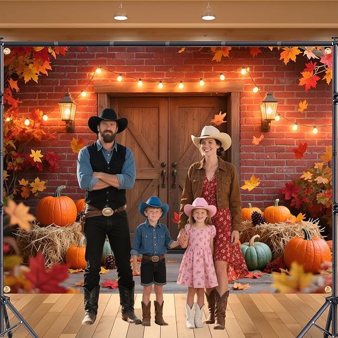 Large 7x5FT Fall Autumn Backdrop – Fall Photography Background with Pumpkin, Maple Leaves & Barn Wood (Includes 19.68FT Ribbon) – Thanksgiving, Friendsgiving, Harvest Party Decor, Photo Booth Props