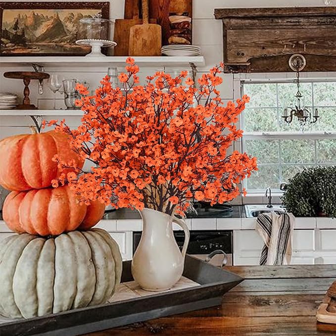 Yastouay Fake Flowers Thanksgiving Table Decor, 10Pcs Orange Thanksgiving Decorations for Table Artificial Flowers, Babys Breath Artificial Flowers Bulk for Fall Decor Floral Arrangement