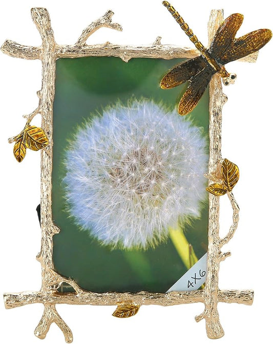 4x6 Picture Frame Brass Dragonfly Ornament Vintage Ornate Home Decor Gifts for Women Men Antique Gold Photo Frame with Glass Front Metal Brass Art Table Decor for Birthday Mothers Day