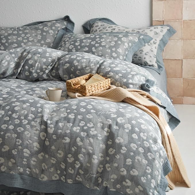 Grey Leopard Duvet Cover Set Twin XL Leopard Print Jacquard Duvet Cover with 2 Pillowcases Yarn-Dyed Linen Cotton Vintage Floral Bedding Set Wild Animal Cheetah Print Comforter Cover for Boy Girl Teen