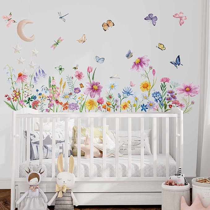 9 Pcs Flowers Wall Decals Peel and Stick, Colorful Wildflower Dragonflies Floral Wall Stickers for Living Room Bedroom Baby Nursery