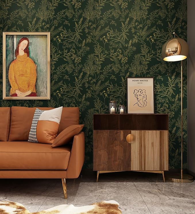 Dark Green and Gold Wallpaper Floral Peel and Stick Wallpaper Vintage Flower and Leaf Contact Paper for Cabinets Self-Adhesive Removable Wallpaper for Bedroom Bathroom Kitchen 118"x17.3"