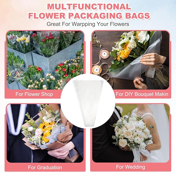 YELARXI Clear Flower Wrapping Bags, Transparent Flower Packaging Bag Waterproof Durable Bouquet Sleeves - Fitting for (Florists/Floral Arrangements Supplies), 13.8x3.9x19.7 Inch & 100Pcs