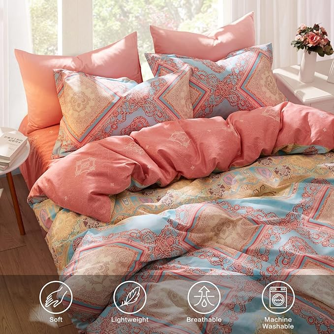 SAPHREAS Boho Duvet Cover Set Queen Size 3pcs Pink Bohemian Comforter Cover Set Blue 1 Duvet Cover 2 Pillow Shams
