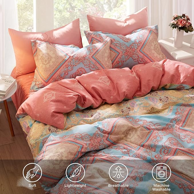 SAPHREAS Pink Bohemian Duvet Cover Set King Size 3pcs 100% Cotton Boho Pattern Comforter Cover Set 1 Duvet Cover 2 Pillow Shams