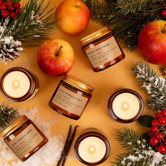 Christmas Candles for Home Scented, 6 x 3.5 oz Soy Wax & 150 Hours Long Lasting Fall Winter Candles Sets, Gifts for Women Birthday Thanksgiving Day Merry Christmas | Apple Cinnamon Pumpkin Spice|