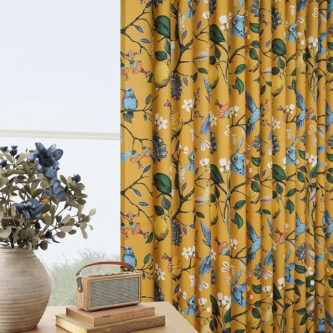 Mustard Yellow Curtains for Living Room Bedroom, Aesthetic Unique Rustic Pinch Pleated Drapes Cottagecore Floral Flower Printed Modern Farmhouse Window Treatment 63 Inch Length 2 Panels