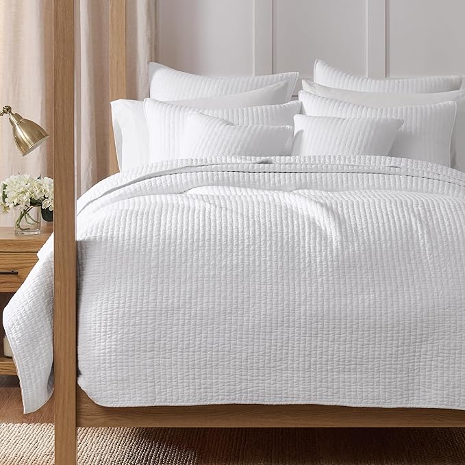 Levtex Home Cross Stitch Reversible Full/Queen Quilt Set (88x92in) and 2 Pillow Shams (26x20in) - Stitch Texture - Bright White - Cotton Full/Queen Size Quilt Bedding Set - Lightweight Soft Pre-Washed