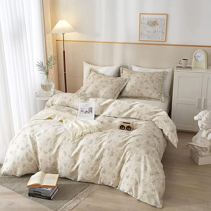 LifeTB Boho Floral Comforter Set Full Size Vintage Style Floral Bedding Comforter with 2 Pillowcases Garden Flower Leaves Botanical Comforter Set Soft Fluffy 3 Pieces Bedding Set for Girls Women