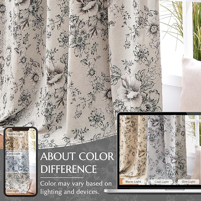jinchan Blackout Linen Blend Curtain Floral Blackout Curtains for Living Room 72 Inch Length Black Printed with Lined Blackout Curtain for Bedroom Farmhouse Curtains Set 2 Panels