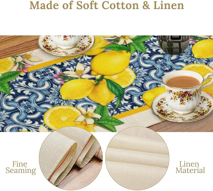 Lemon Table Runner ,Summer Blue Tiles Lemons Kitchen Dining Table Decoration Lemons Table Cover for Indoor Outdoor Home Party Decor, 13 x108 Inch