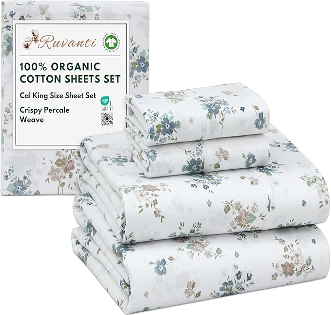 RUVANTI 100% Organic Cotton Sheets California King, Percale Weave, GOTS Certified, 4-Piece Set, Deep Pocket 13", Crisp & Breathable, Soft Durable Bedding, Sábanas Algodón Orgánico – Halcyon