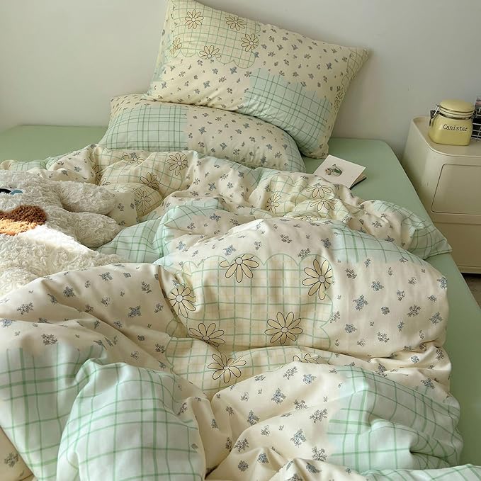 LifeTB Muslin Cotton Duvet Cover Set Full Size Vintage Style Floral Duvet Cover Soft Breathable Comforter Cover Farmhouse Flower Plaid Bedding Set Linen Feel Gauze Comforter Cover with Zipper Closure