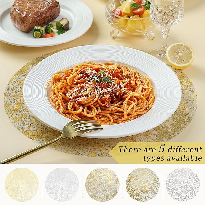 Hysenm 50 Pcs Disposable Gold Placemats Set Metallic 13 Inch Round Foil Mesh Pressed Table Doilies, Ultra-Thin Disposable Placement Mats for Home Decoration Dining Table Wedding Birthday Party