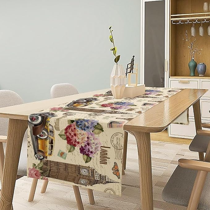 British Table Runner, Seasonal Vintage Floral England London Culture Element Coffee Table Center Decor for Home Kitchen Dining Patio Holiday Party Table Decorations 13x72 inches
