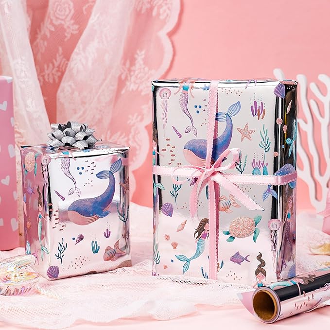 Homeral Reversible Mermaid Wrapping Paper Roll - Metallic Foil Whale, Turtle, Shell, Ocean-Themed with Pink Heart for Girl Birthday, Baby Shower - Mini Roll - 17 Inch x 33 Feet