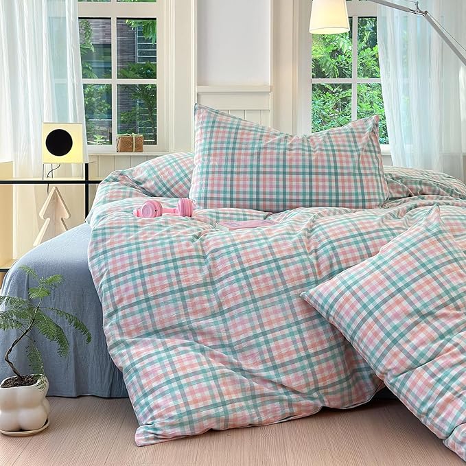 LifeTB Gingham Comforter Set King 3 Pieces Multi-Colored Grid Comforter Lightweight Checkered Plaid Comforter Set with 2 Pillowcases Fluffy Soft Grid Printed Pattern Farmhouse Gingham Bedding Set