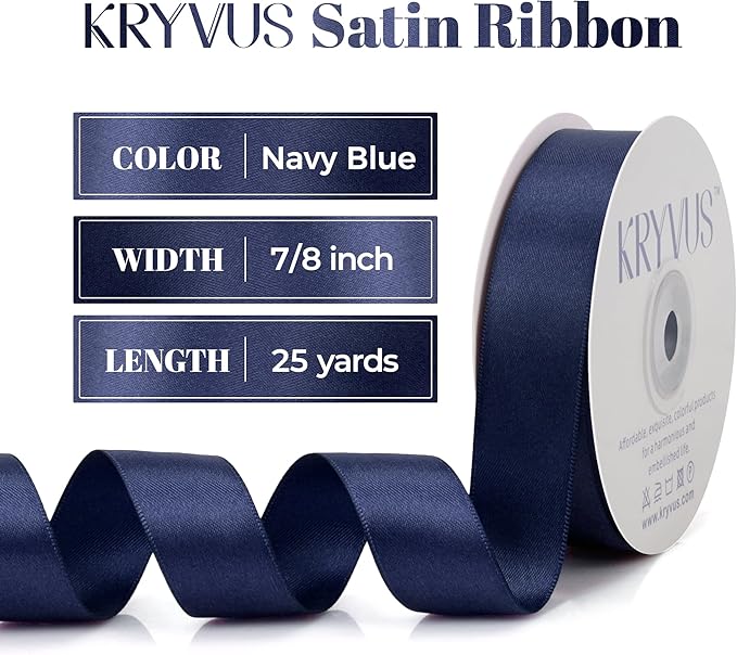 Navy Blue Satin Ribbon, Double Faced 7/8 Inch X 25 Yards Navy Blue Ribbon, Premium Satin Ribbon for Gift Wrapping, Crafts, Hair Bow Making, Sewing, Flower Bouquet, Wedding Party Decor