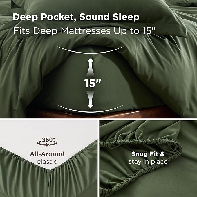 Bedsure Duvet Cover with Fitted Sheet Queen - Warm Deep Pocket, Hotel Luxury Soft Double Brushed Bedding Set with Zipper Closure, 1 Duvet Cover, 1 Fitted Sheet, 2 Pillow Shams, NO Comforter, Green