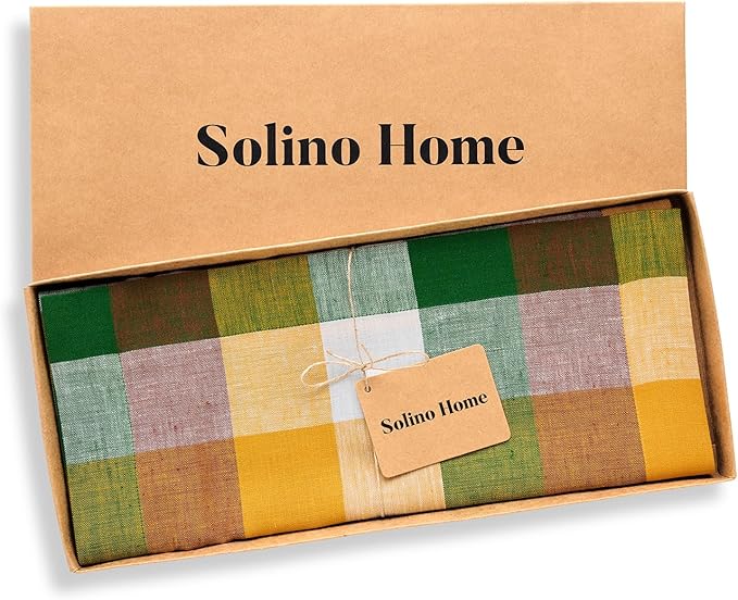 Solino Home Linen Table Runner 48 Inches - 100% Pure Linen Fall Multicolor Buffalo Check Short Table Runner 14 x 48 Inch Ideal for Dresser and Coffee Tables