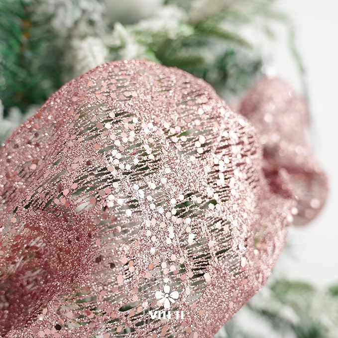 MEEDEE 6 Inch Wide Wired Ribbon Rose Gold Glitter Mesh Web Wired Edge Ribbon by 10 Yards Roll Rose Gold Wired Ribbons for Christmas Tree, Garland, Holiday Wreaths, Bows, Centerpiece, Gift Wrapping