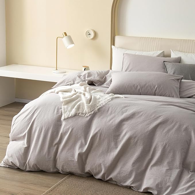 JIYUAN 100% Washed Cotton Duvet Cover Set 3 Pieces King, 1 Duvet Cover 104x90 Inches(Comforter Not Included) and 2 Pillowcases,Linen Feel Bedding Set Comfy and Breathable, Heathered Linen