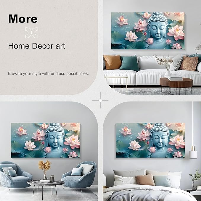 Iallbin Buddha Wall Art & Zen Wall Decor, White Lotus on Water Canvas Painting - for Yoga Meditation Room, Spa & Bathroom, Blue Art Deco Style, 58x29 Inches
