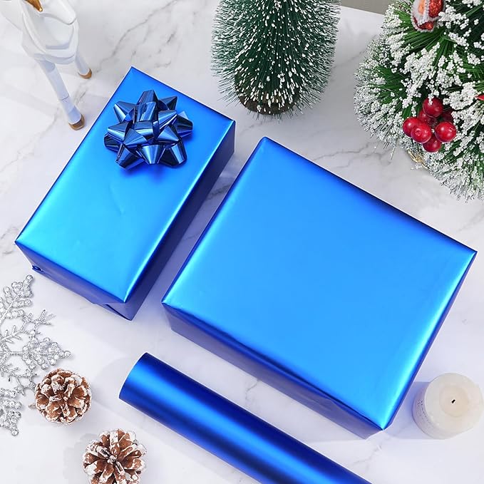 ZINTBIAL Metallic Blue Wrapping Paper Roll with Cut Lines - Solid Blue Holiday Gift Wrap for Graduation, Christmas, Birthdays, Baby Shower, Wedding - 17.5 in x 33 ft (48 sq. ft), Easy to Cut