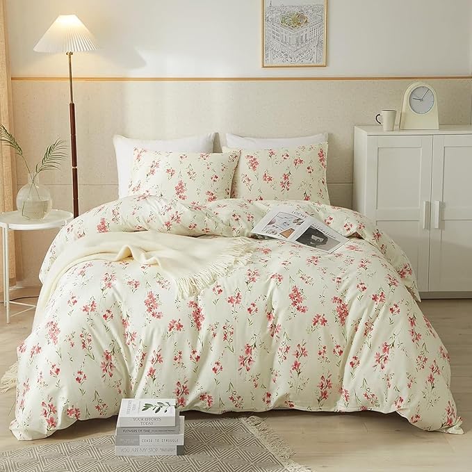 HighBuy Full Comforter Set Beige Pink Floral for Teen Girl Lightweight Bed Comforter Sets Full Size All Season Comforters Quilt Blanket Boho Chic Bedding Sets with 1 Comforter 2 Pillowcase