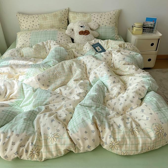 LifeTB Muslin Cotton Duvet Cover Set Full Size Vintage Style Floral Duvet Cover Soft Breathable Comforter Cover Farmhouse Flower Plaid Bedding Set Linen Feel Gauze Comforter Cover with Zipper Closure