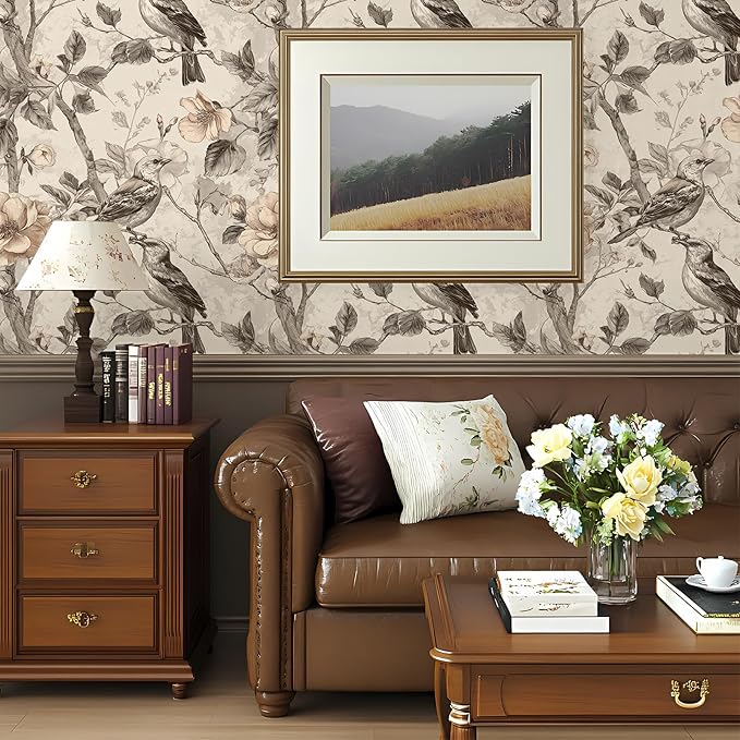 Vintage Animal Peel and Stick Contact Paper Beige Bird Removable Botanical Leaf Tree Wallpaper 17.7" x 118.11" Wall Paper Watercolor Self Adhesive for Classroom Bedroom Laundry Room Bathroom
