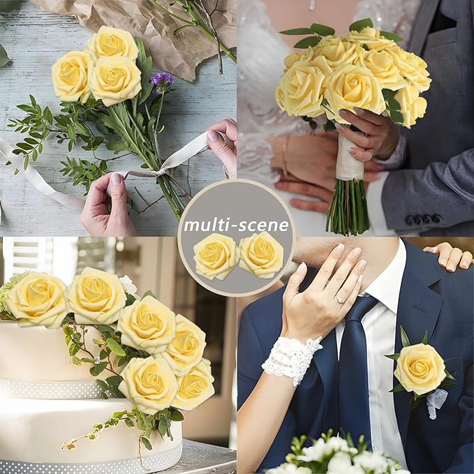 100Pcs Artificial Flowers Creamy Yellow Roses Real Looking Foam Fake Roses with Leaves and for DIY Wedding Bouquets Bridal Shower Centerpieces Party Decorations (Creamy Yellow, 100)