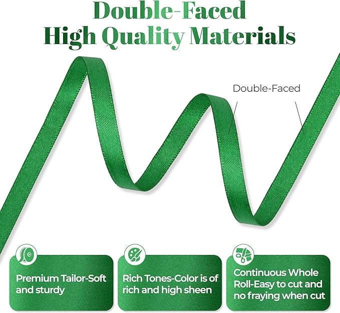 Green Satin Ribbon, Double Faced 1/4 Inch X 25 Yards Green Ribbon, Premium Satin Ribbon for Gift Wrapping, Crafts, Hair Bow Making, Sewing, Flower Bouquet, Wedding Party Decor