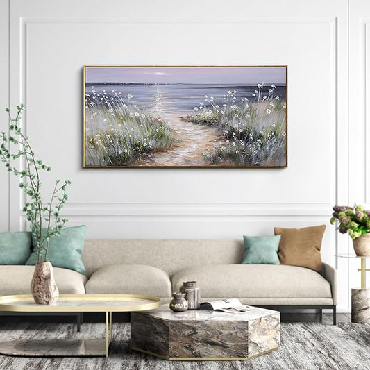 KLAKLA Bedroom Decor Wall Art Blue Beach Picture Ocean Theme Flower Canvas Print Modern Coastal Seascape Painting Framed Seaside Artwork Floral Daisy for Home Sea Lake Living Room 29x58 Inch