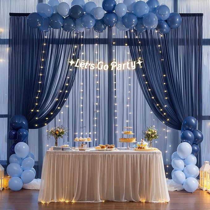 20x10ft Navy Blue Tulle Backdrop Curtain with Lights String for Parites, Sheer Backdrop Curtains for Wedding Baby Shower Birthday Party Photo Shoot Decorations