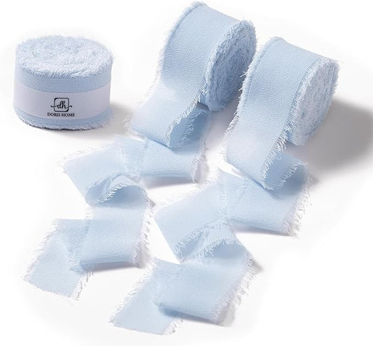 DORIS HOME Baby Blue Chiffon Ribbon for Flower Bouquet, 1" x21Yd Fabric Ribbon for Gift Wrapping, Handmade Frayed Ribbon for Wedding Invitations/Christmas Decorations