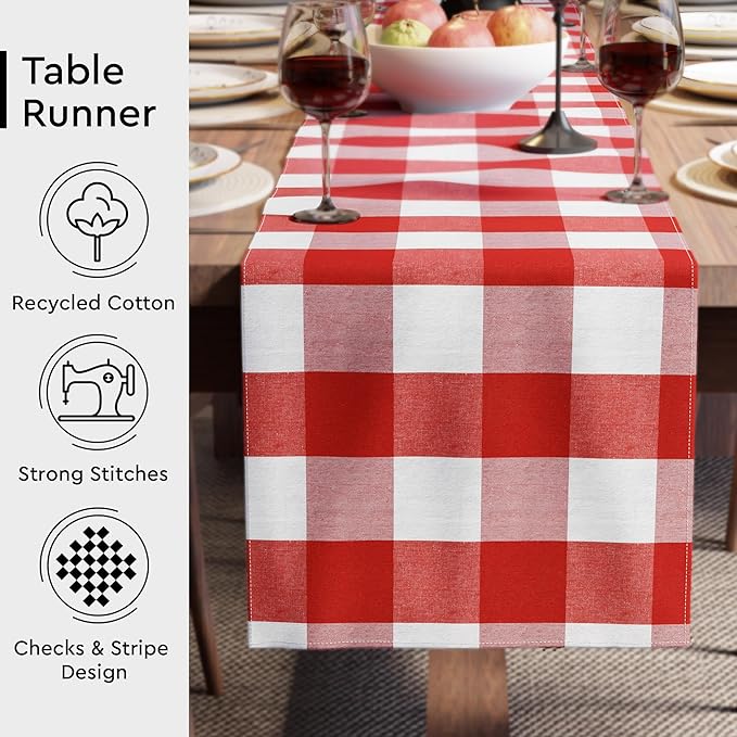 Encasa XO Cotton Dining Table Runner | Buffalo Red Checks | Size 13x120 in - Machine Washable & Durable