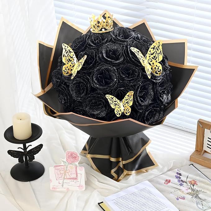 Waipfaru 36 Pcs Glitter Roses Bouquet, DIY Fake Flowers Bouquet, Artificial Black Rose Bouquet for Valentines, Mothers Day Gifts, Anniversary, Engagement, Wedding