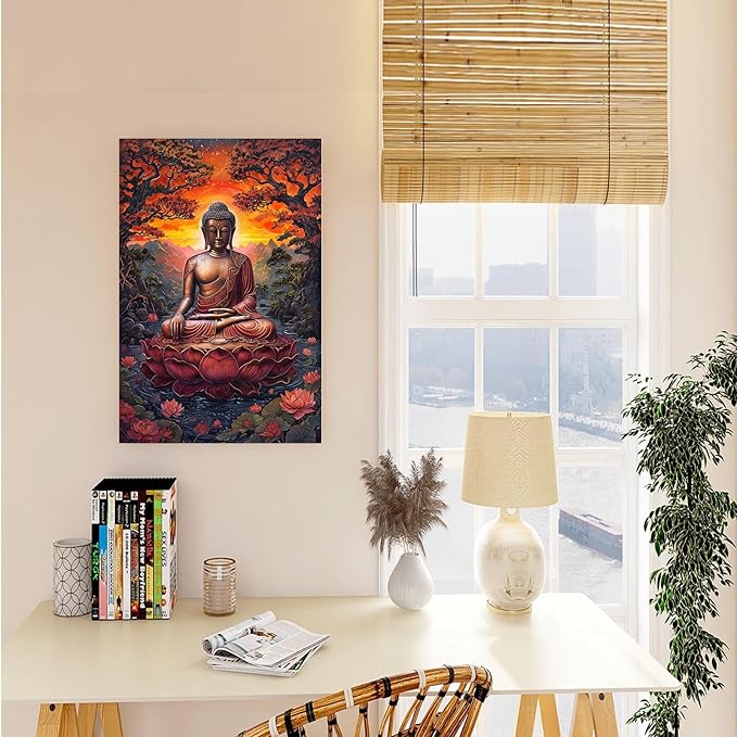 Golden Buddha on lotus seat serene meditation statue amidst lush trees flowing water and sunrise light spiritual home art for a tranquil decor 12x18in Frameless