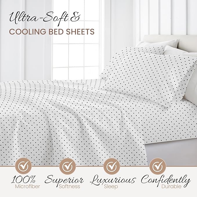 Linen Market Double-Brushed Patterned Microfiber Full Sheet Set 4 Piece – Oeko-TEX Certified Ultra Soft & Wrinkle-Free - 16" Deep Pocket Sheets - Easy Care Full Size - Dots Navy